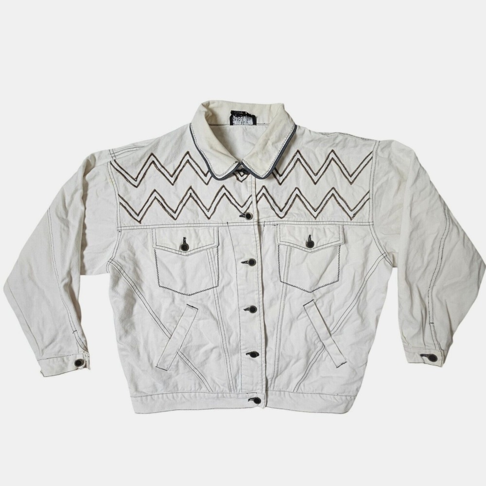 Caroleโ Little Sport Jean Jacket Womens White Chevron Denim Cotton Size XL